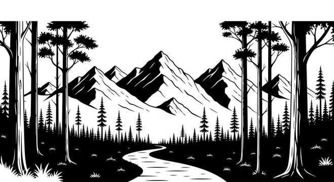 Black and white illustration of a winding forest path leading to majestic mountains.