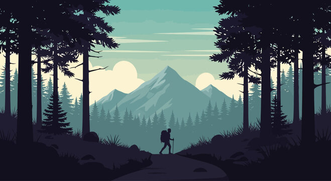 A solitary hiker trekking through a dense pine forest toward distant mountains.