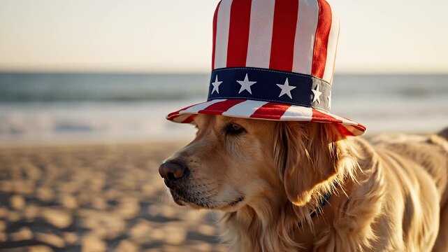 Golden retriever wearing Uncle Sam patriotic hat on sandy beach with ocean background representing American celebration freedom and summer holiday concept