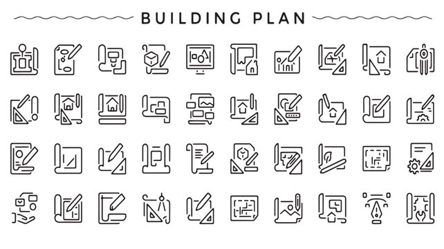 Building Plan Architecture Icons: Construction Blueprints and Drafting