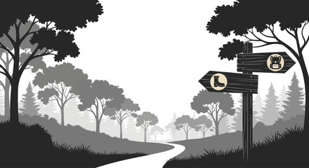 Wooden signpost with icons for hiking and wildlife in the forest. © Eijaz_Rahmat