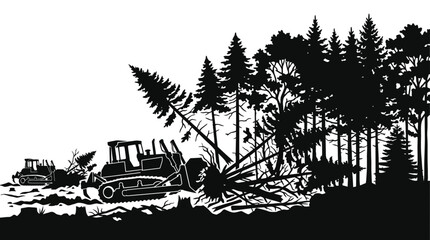 Black and white silhouette illustration of heavy construction machinery clearing a forest. © Eijaz_Rahmat