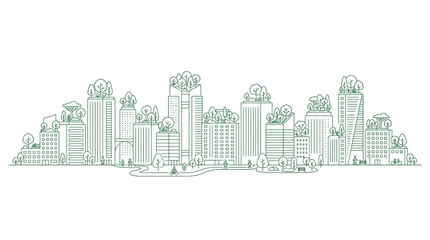 Obraz premium Minimalist continuous line art drawing of a modern eco-friendly city skyline.