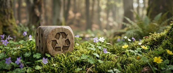 Obraz premium Wooden recycling symbol cube nestled among moss and wildflowers in forest setting promoting environmental awareness and sustainability concepts.