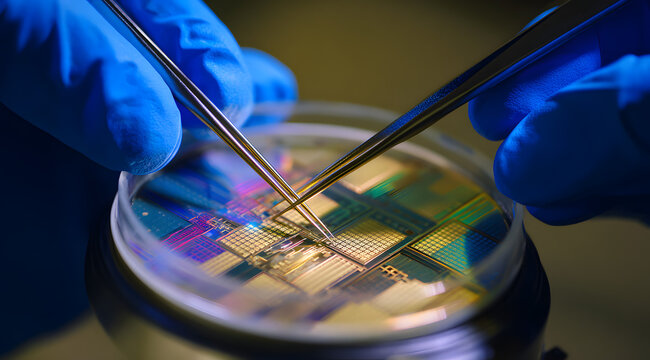 The semiconductor wafer's intricate circuitry is evident in sharp macro detail in a close-up of two hands wearing blue gloves carefully guiding fine gold-tipped probe needles onto a precision microchi