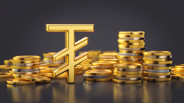 Golden Mongolian Tugrik currency symbol with stacks of coins