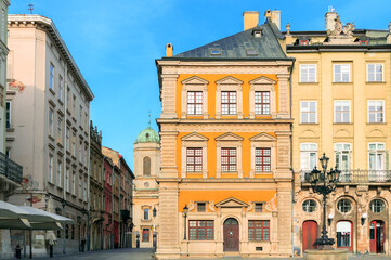 Fototapeta premium European Ukraine Lviv historical city scape market square landmark external building facade summer travel sightseeing view