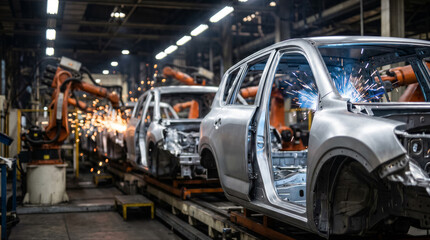 Naklejka premium Automated robotic arms welding car bodies on an assembly line in a modern automotive factory