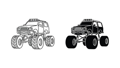 Rugged monster truck vehicle depicted as detailed outline and solid black silhouette vector icons for automotive design and offroad event promotion branding © Oliver
