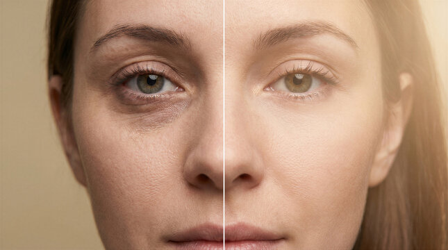 Closeup portrait of a womans face showing a comparison of dark circles under the eyes before and after cosmetic treatment or retouching