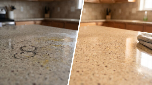Before and after cleaning a granite countertop in a kitchen, showing a dirty surface with stains and a clean, polished surface