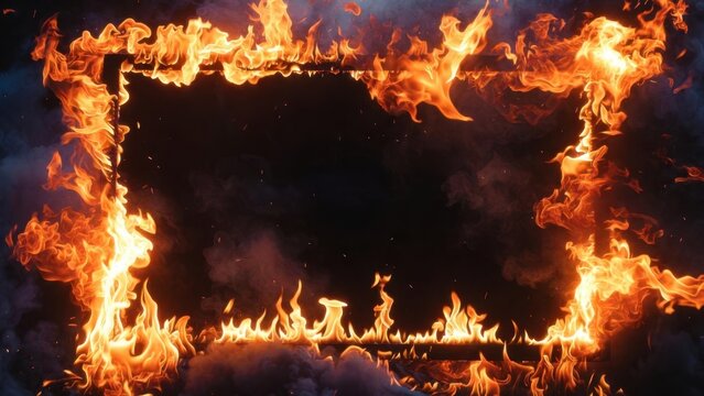 Fiery flames engulf a black rectangular frame