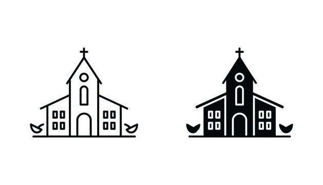 Traditional church building with cross depicted as architectural outline and solid black silhouette vector icons for religious events and community design projects
