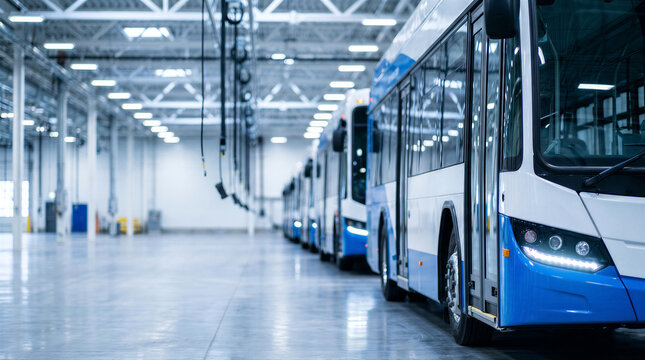 Row of modern electric buses parked inside a spacious, brightly lit industrial maintenance facility or manufacturing plant