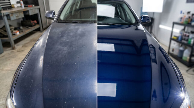Before and after car paint correction and detailing, showing a dull, scratched blue hood compared to a restored, glossy, and polished finish