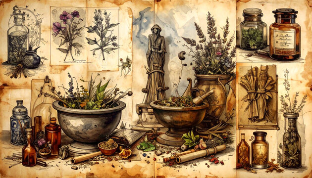 Steps for preparing herbal medicine by crushing various herbs in a traditional setting