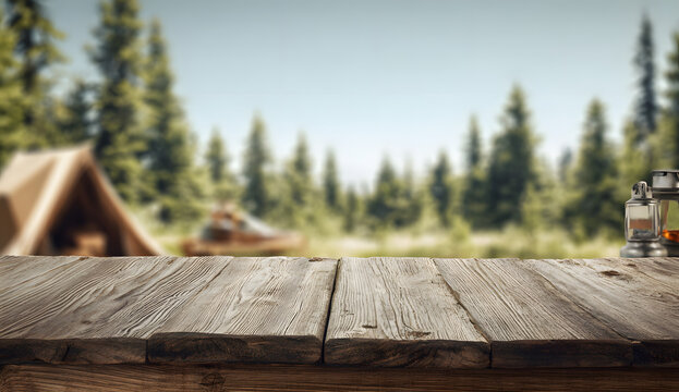 A product display montage is shown with an empty wooden table top, a blurred background of an outdoor camping scene, and a depth blur effect generated by Generative AI.