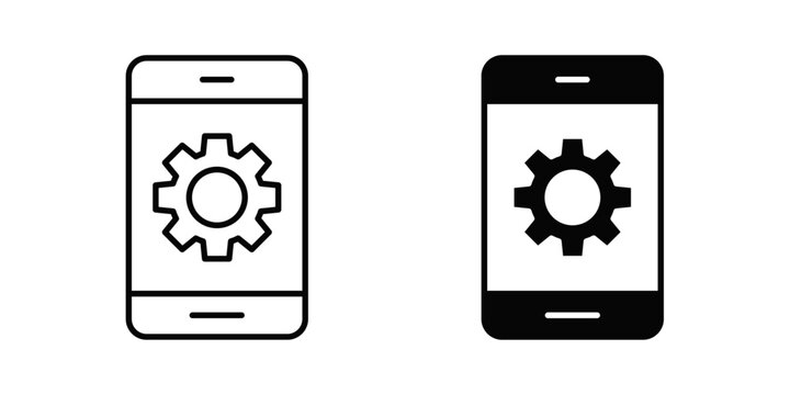 A clean and modern smartphone with a gear symbol representing mobile app settings and configuration in two styles &mdash; outline and filled black. Perfect for mobile apps, technology, software, and digita