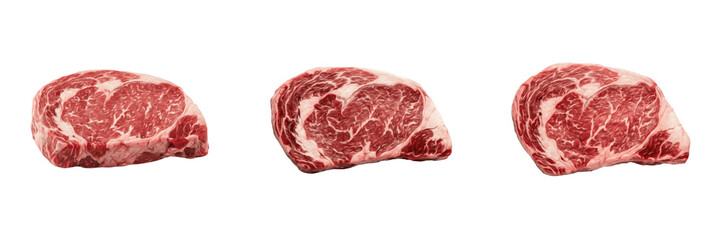 Obraz premium Fresh Raw Beef Ribeye Steak Isolated Red Meat Fillet Marble Fat PNG Butcher Shop Restaurant.