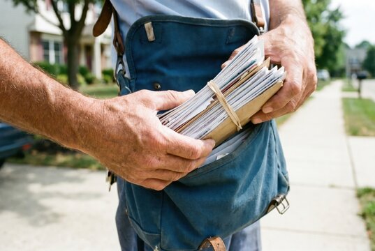 Postman carrying a blue canvas bag filled with a stack of sorted paper mail letters on a sidewalk