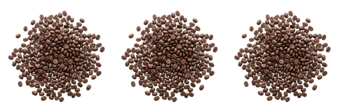 Premium Roasted Coffee Beans Pile Isolated on Transparent Background Organic Arabica Coffee Seeds PNG Set.