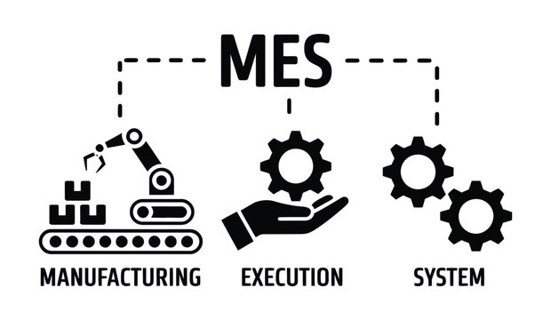 Manufacturing execution system mes concept icon industrial automation, production management, factory process control, smart manufacturing, digital transformation vector illustration