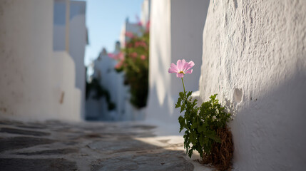 Naklejka premium Delicate pink flower blooms from whitewashed wall in narrow alley, stone path leads through serene Mediterranean town, bright summer day