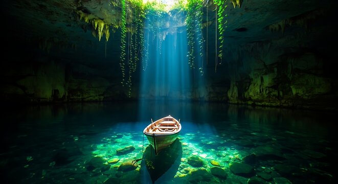 Mystical cenote exploration a lone kayaker in a subterranean blue hole illuminated by sunlight