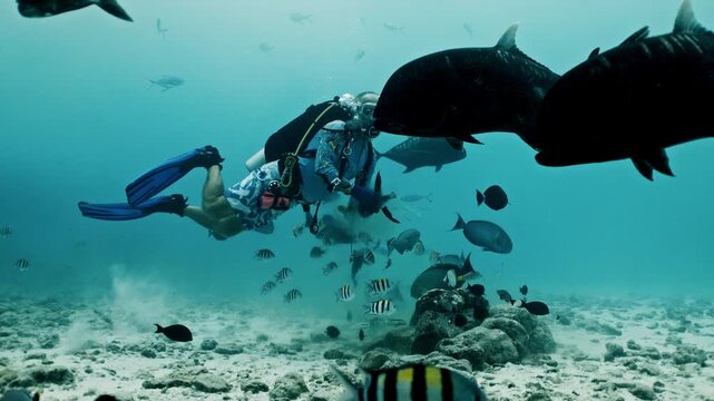 Divers feed school of sharks.Amazing closeup tiger sharks with sharp teeth swimming underwater on coral reef ocean of Borneo. Shark diving tourism. Marine wild dangerous underwater predators of Bali