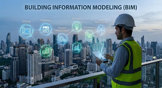 Building Information Modeling BIM concept with male engineer in safety vest using tablet, digital icons overlay on city skyline background.