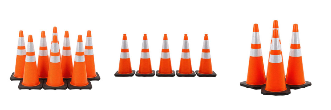 Row of Orange Traffic Safety Cones Isolated on Transparent Background Construction Roadwork PNG Asset.