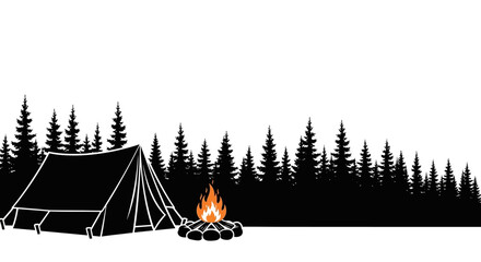 Black silhouette of a camping tent with a glowing campfire. © Camilia_Deena