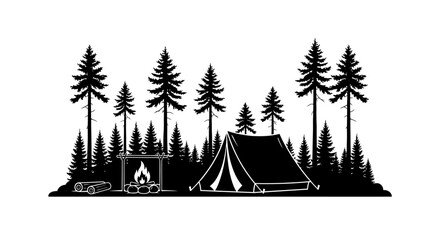 Black and white camping scene illustration with tent and campfire in forest. © Camilia_Deena