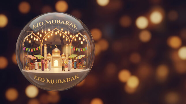 Miniature eid mubarak mosque market scene inside glass sphere on bokeh background