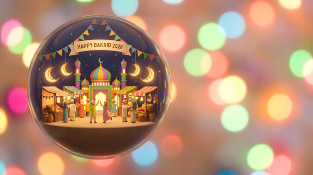 Colorful happy bakrid 2026 miniature mosque scene inside glass sphere on bokeh background