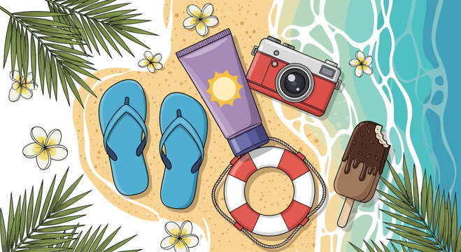 Summer vacation beach travel items arrangement flat lay.