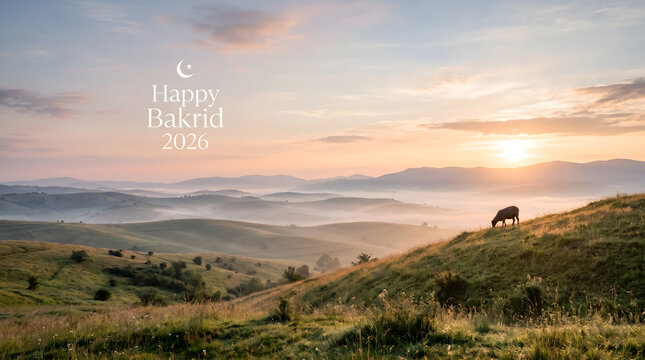 Sheep grazing on misty green hilltop at sunrise with happy bakrid greeting overlay