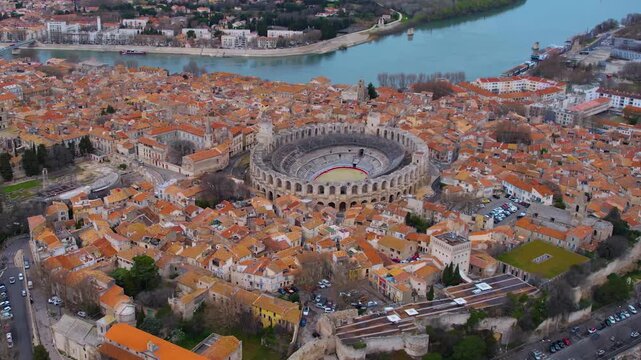 Aerial view of the old town of the city Arles on a sunny summer morning in France.