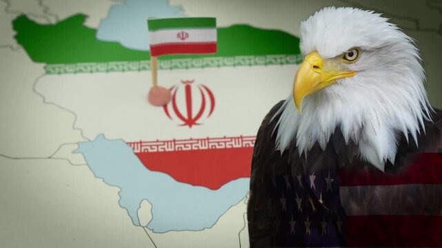 Conceptual video showing the United States war towards Iran, symbolized by a bald eagle with an american flag overlay in front of a map of Iran