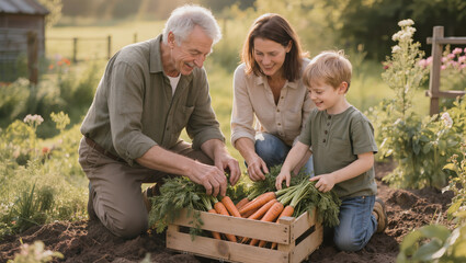 Obraz premium Grandfather Mother and Son Harvesting Fresh Carrots Together.