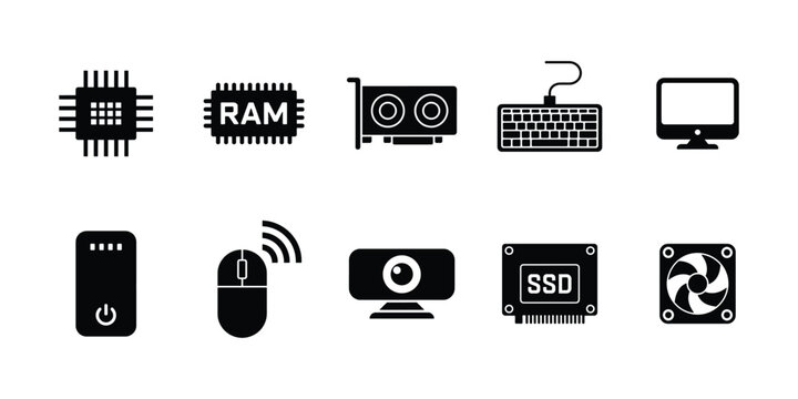 Tech Hardware Icon Set,  PC Components and Peripherals Vector Graphics