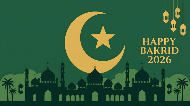 Green mosque skyline with gold crescent star and lantern festive banner design
