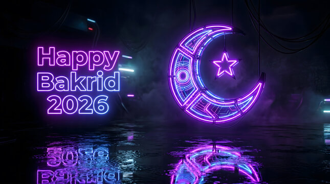 Neon purple crescent and star with glowing text on dark cyberpunk bakrid background