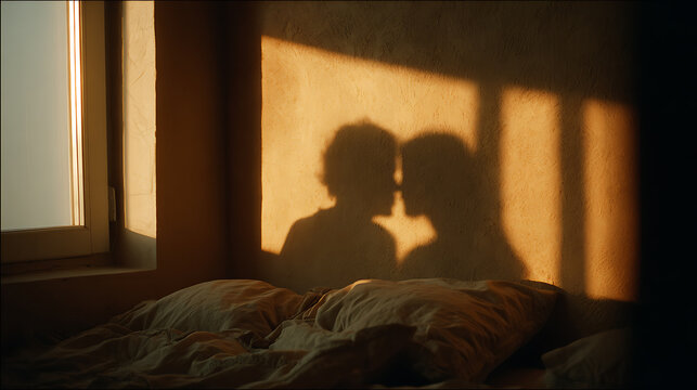 Romantic shadows of couple embrace on bedroom wall bathed in warm morning light, evoking intimate feelings of love and connection at sunrise