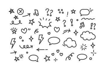 Fototapeta premium A collection of hand-drawn doodle icons and symbols for design and creative projects, including speech bubbles, hearts, stars, and more