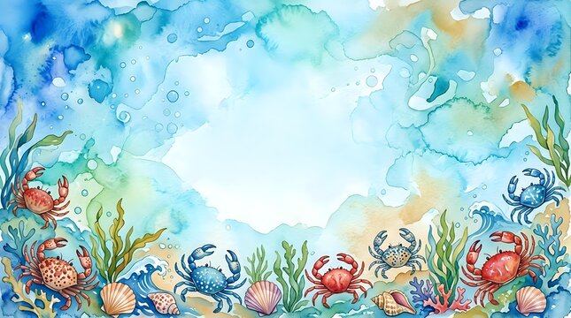 Watercolor ocean frame with crabs, seashells, and seaweed on a light background, perfect for summer cards and coastal designs.