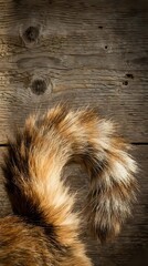 Fototapeta premium Fluffy curled fox tail with golden brown fur resting on rustic weathered wooden planks, natural wildlife detail close-up.