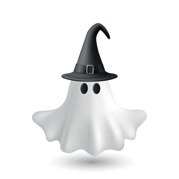 Vector 3d White Ghost with Black Witch Hat, Isolated. Cute Simple White Ghost Vector Illustration. Halloween Ghost Character with Wizard Hat and Floating Sheet. Design Template for Halloween