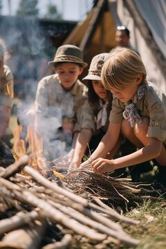 Group of children in scout uniforms learn survival skills outdoors. Boy in foreground carefully builds campfire with twigs. Sunny day at camp with tent in background. Warm light, focus on teamwork