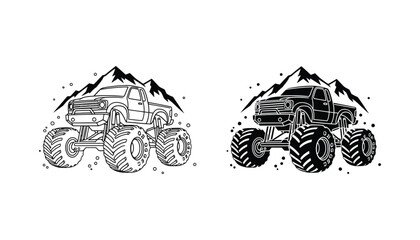 Monster truck icon set featuring outline and solid black silhouettes with mountain background for offroad design © Stellar